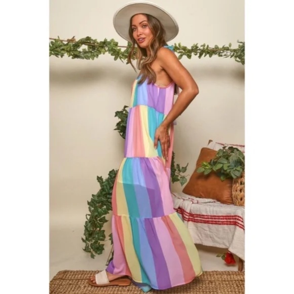 CLEARANCE Rainbow Colorful Multi Bright Striped Tiered Tie Shoulder Maxi Dress - Picture 6 of 7